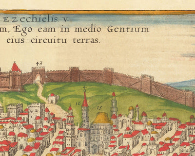 Vieille carte de Jérusalem, 1582 par Georg Braun - Juifs et Islam Vieille ville, Mont du temple, Murs de la ville, Tour de David, Jaffa Gate