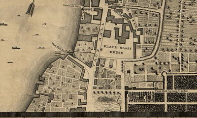 Mapa antiguo de Londres, 1746 por John Rocque, C3 - Lambeth, Vauxhall, Westminster, Parlamento, Millbank, Kennington, Marismas