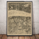 Ancienne carte de Londres, 1746 par John Rocque - D2 - Cathédrale Saint-Pauls, Blackfriars, Southbank, Banksive ,. Street Fleet, Temple, Upper Terrain