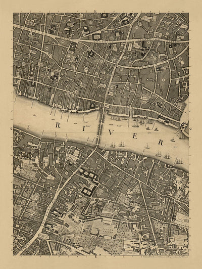 Alte Karte von London, 1746 von John Rocque, E2 - London Bridge, Stadt London, Borough, Bermondsey, Denkmal, Kanone, Bank, billig
