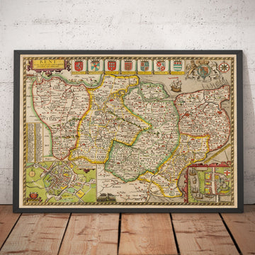 Mappa antica del Kent nel 1611 di John Speed - Dartford, Maidstone, Bromley, Tunbridge, Gillingham, Chatham 