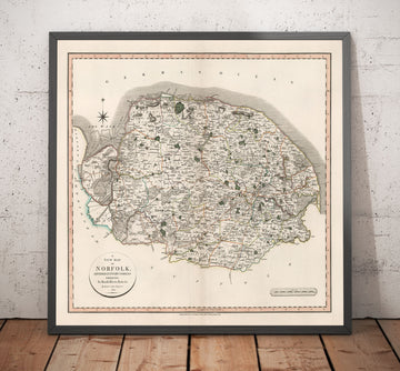 Alte Karte von Norfolk im Jahr 1807 von John Cary - Norwich, Cromer, Great Yarmouth, Thetford, King&