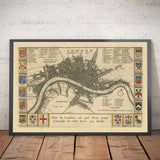 Ancienne carte de Londres avant le grand incendie de 1667 par Blome - Abbaye de Westminster, Scotland Yard, Charring Cross, London Bridge