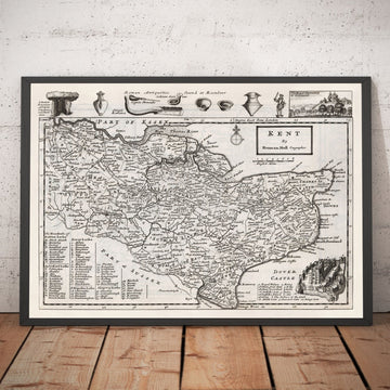 Alte Karte von Kent 1724, Herman Moll - Dartford, Maidstone, Bromley, Tunbridge, Gillingham, Chatham 