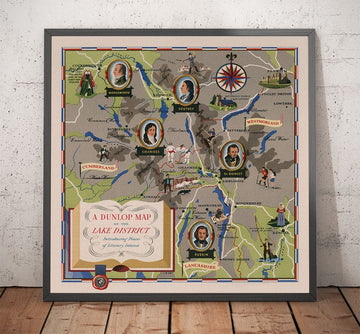 Mapa antiguo del Distrito del Lago, 1950 - Windermere, Derwentwater, Coniston, Lakeland, Keswick, Penrith, Cumbria