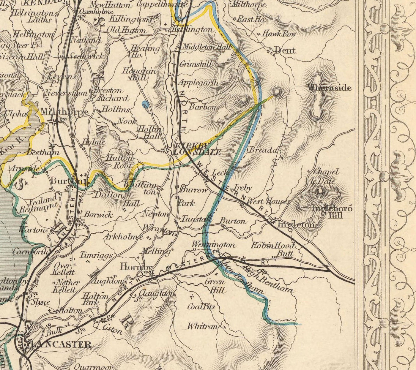 Alte Karte von Lake District, 1851 von Tallis & Rapkin - Cumbria, Westmorland, Lancashire, Windermere, Lakeland