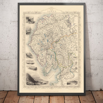 Viejo mapa de Lake District, 1851 por Tallis & Rapkin - Cumbria, Westmorland, Lancashire, Windermere, Lakeland
