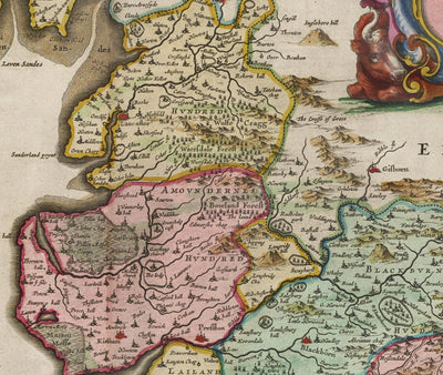 Ancienne carte de Lancashire, 1611 par Joan Blaeu - Manchester, Liverpool, Preston, Blackburn