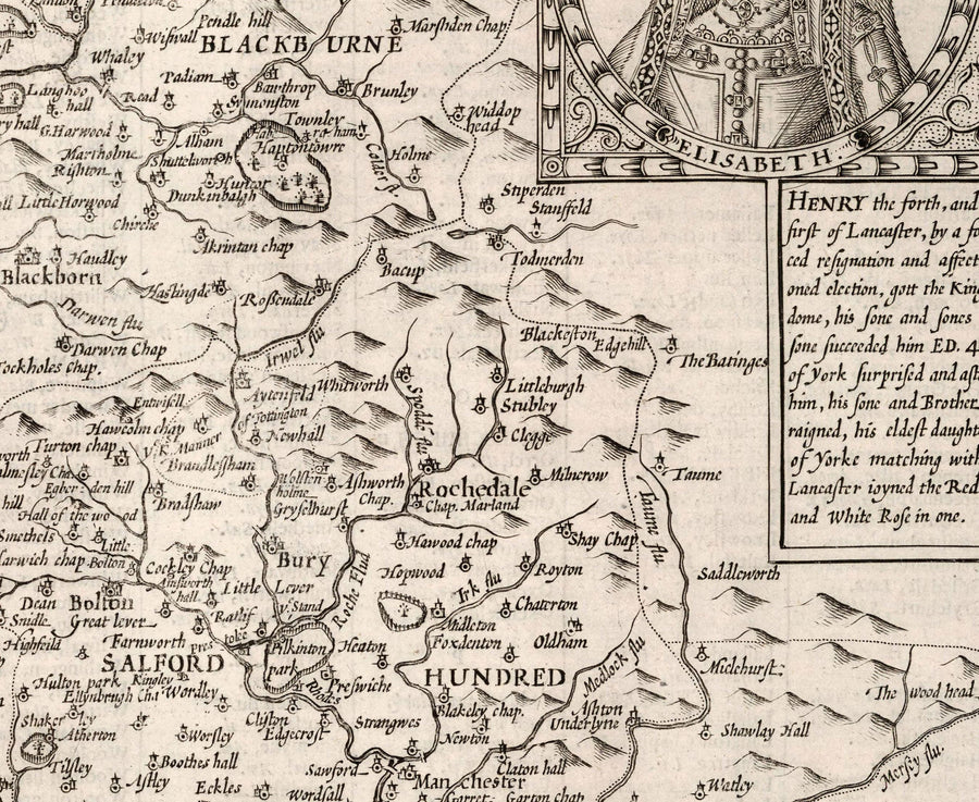 Alte Karte von Lancashire, 1611 von John Speed - Manchester, Liverpool, Preston, Blackburn, Burnley, Windermere 