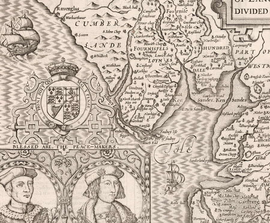 Alte Karte von Lancashire, 1611 von John Speed - Manchester, Liverpool, Preston, Blackburn, Burnley, Windermere 