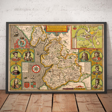 Ancienne carte du Lancashire en 1611 par John Speed - Manchester, Liverpool, Preston, Blackburn, Windermere 