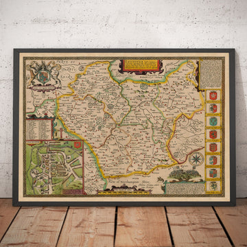Mappa antica del Leicestershire nel 1611 di John Speed - Leicester, Loughborough, Hinckley, Wigston 