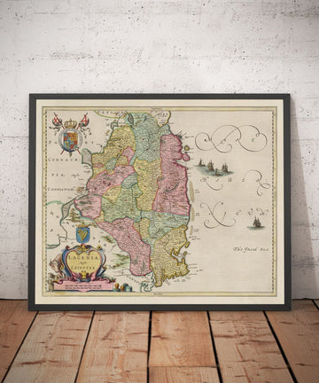Mappa antica del Leinster, Irlanda nel 1665 di Joan Blaeu - Contea di Dublino, Kilkenny, Meath, Drogheda Swords, Waterford, Est Eire 