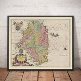 Alte Karte von Leinster, Irland, im Jahr 1665 von Joan Blaeu - County Dublin, Kilkenny, Meath, Drogheda, Swords, Waterford, Ost-Eire 