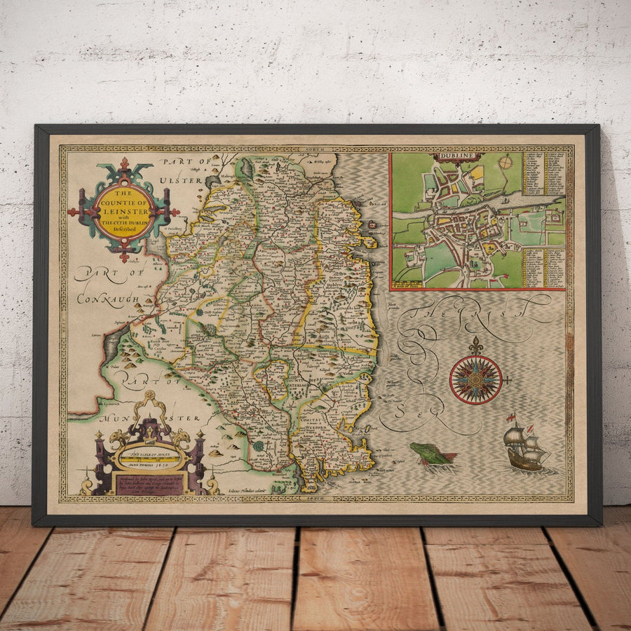 Old Map of Leinster, Ireland in 1611 by John Speed - County Dublin, Kilkenny, Meath