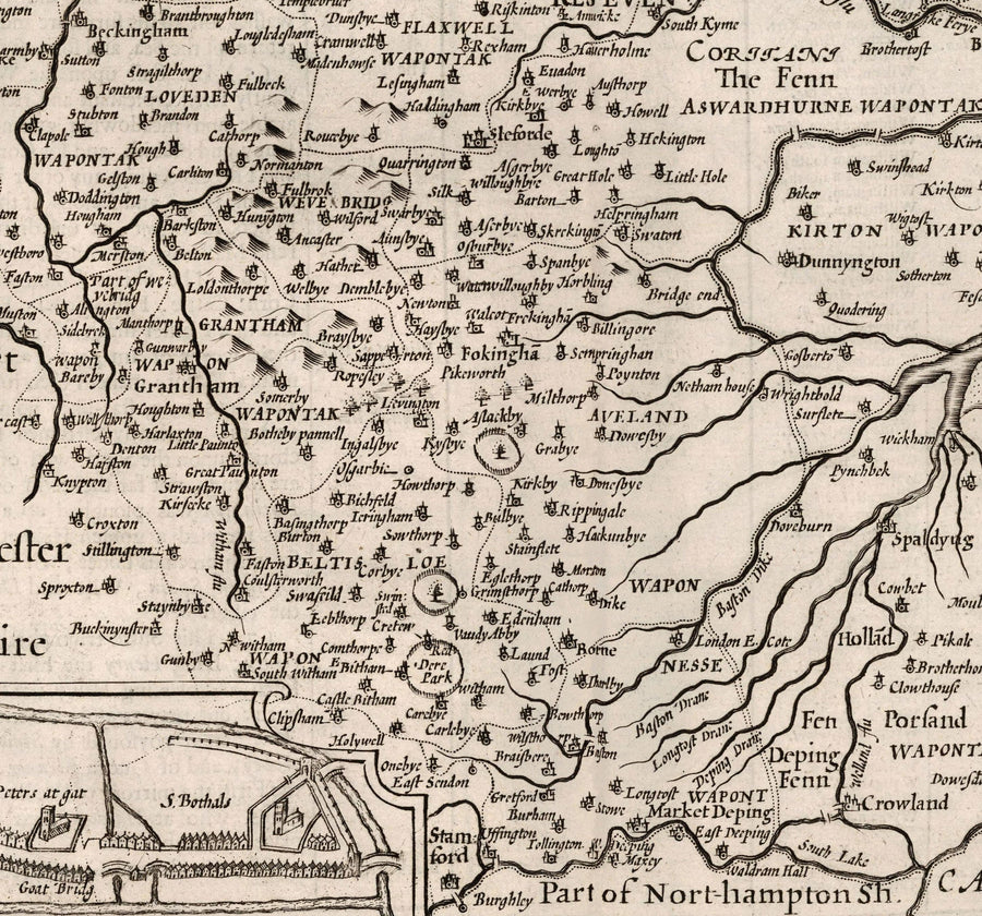 Alte monochrome Karte von Lincolnshire aus dem Jahr 1611 von Speed - Lincoln, Grimsby, Grantham, Boston, Scunthorpe, East Midlands 