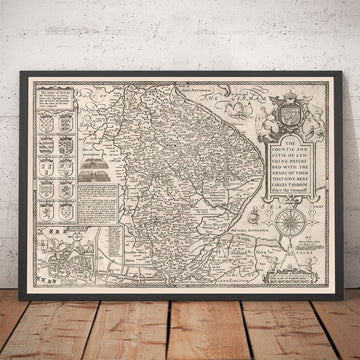 Vecchia mappa monocromatica del Lincolnshire nel 1611 di Speed - Lincoln, Grimsby, Grantham, Boston, Scunthorpe, East Midlands 