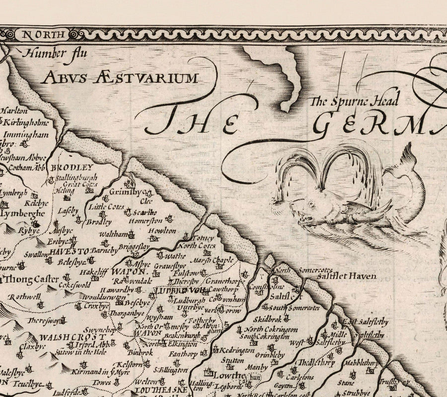 Alte monochrome Karte von Lincolnshire aus dem Jahr 1611 von Speed - Lincoln, Grimsby, Grantham, Boston, Scunthorpe, East Midlands 