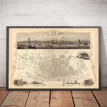 Ancienne carte monochrome de Liverpool par John Rapkin, 1851