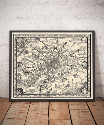 Carte monochrome ancienne de Londres, banlieue et courroie de banlieue par Max Gill en 1928 - "Long BLUNG SONT NOS ITRES DE BUS"
