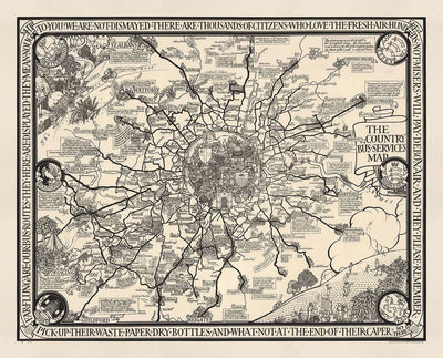 Carte monochrome ancienne de Londres, banlieue et courroie de banlieue par Max Gill en 1928 - "Long BLUNG SONT NOS ITRES DE BUS"