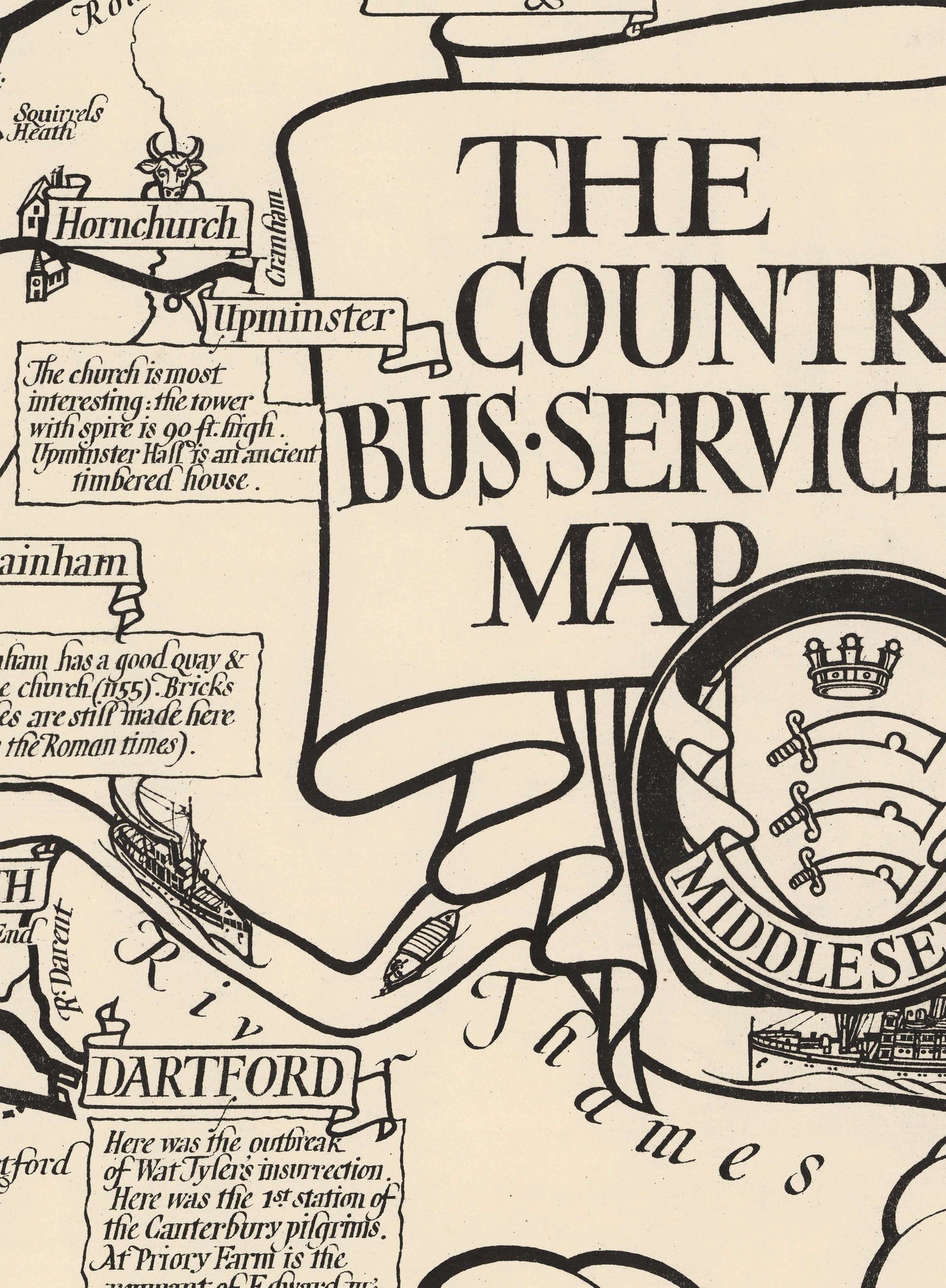 Carte monochrome ancienne de Londres, banlieue et courroie de banlieue par Max Gill en 1928 - "Long BLUNG SONT NOS ITRES DE BUS"