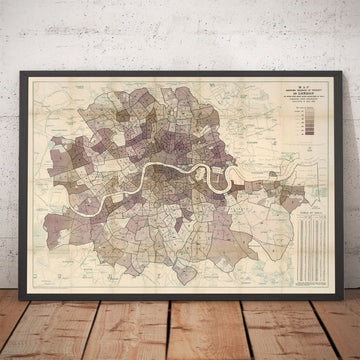 Mappa della Povertà di Londra, 1889 di Charles Booth - Centro, Sud, Ovest, Nord, Est - Antica Mappa Storica delle Mura della Città 