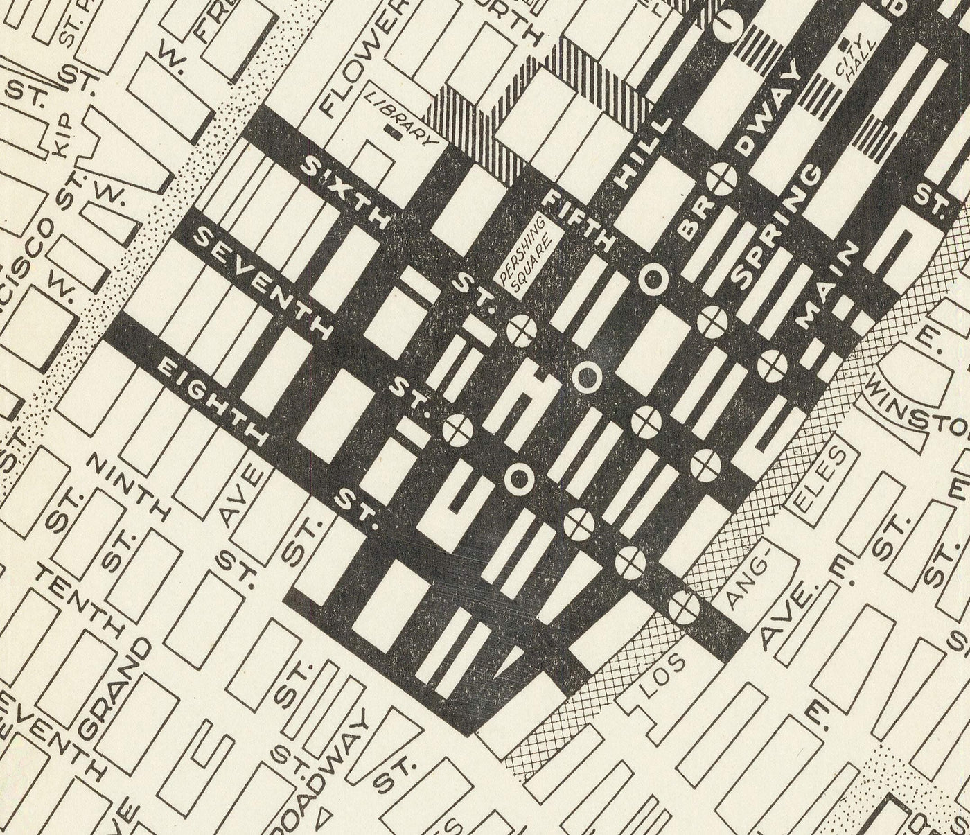 Antiguo mapa de congestión de Los Ángeles, 1920 - Rara guía de tráfico de automóviles del centro de Los Ángeles