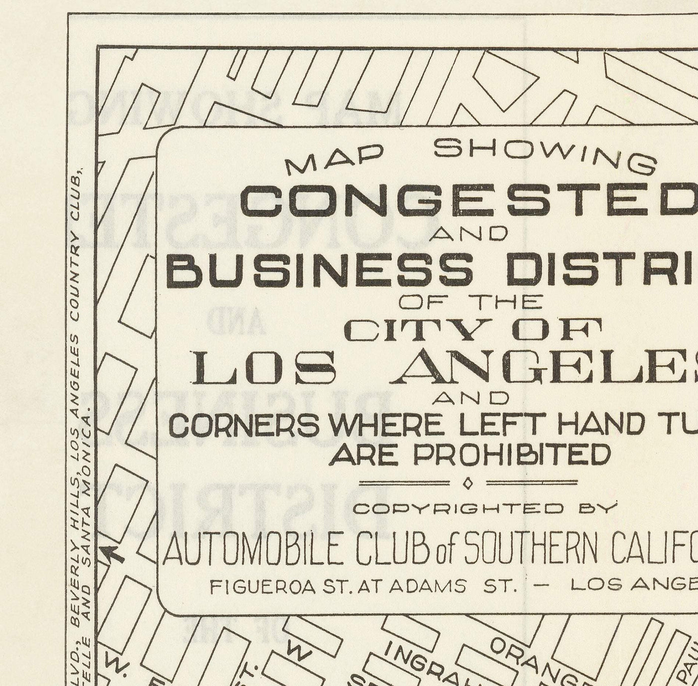 Antiguo mapa de congestión de Los Ángeles, 1920 - Rara guía de tráfico de automóviles del centro de Los Ángeles