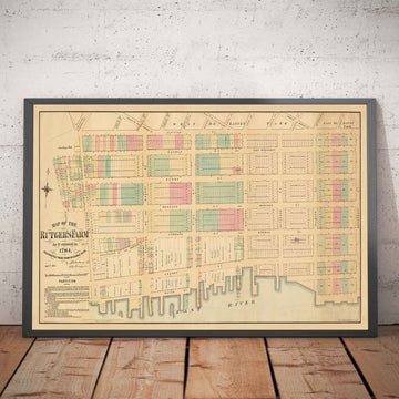 Mappa antica di Lower East Side e Two Bridges, NYC 1874 - Strade di Manhattan, Fattoria di Rutger, Fiume Est 