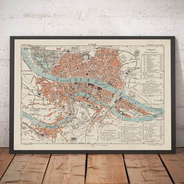 Mapa antiguo de Lyon, Francia en 1888 por Louis-Francois - La Basilique Notre Dame, Río Rhone, Saone, Parc de la Tete d&