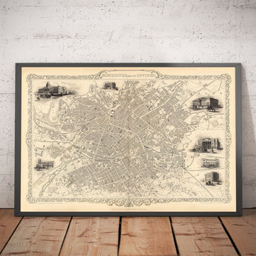 Ancienne carte de Manchester et de ses environs par John Rapkin, 1851 - Hôtel de ville, Infirmerie royale, gares ferroviaires