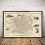Ancienne carte de Manchester et de ses environs par John Rapkin, 1851 - Hôtel de ville, Infirmerie royale, gares ferroviaires