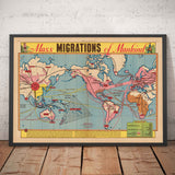 Alte Karte der Massenmigrationen der Menschheit, 1944 von Edwin Sundberg - Theorie des Ursprungs aus Asien, Sklavenhandel, prähistorische Zivilisation 