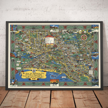 Alte Karte von Melbourne, Victoria von John Power Studios, 1934 - Innenstadt, Bahnhof, Parks, Zoo, Strand, Yarra River 