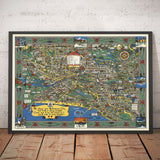 Mapa antiguo de Melbourne, Victoria por John Power Studios, 1934 - Centro de la ciudad, estación de tren, parques, zoológico, playa, río Yarra