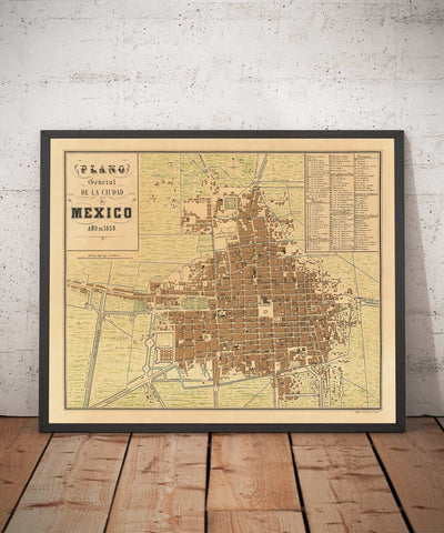Ancienne carte de Mexico, 1858 - CDMX, centre historique, Centro, Cathédrale métropolitaine, Alameda Park