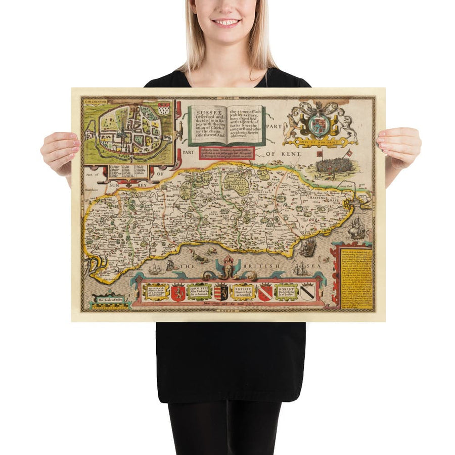 Ancienne carte du Sussex en 1611 par John Speed - Worthing, Crawley, Brighton, Bognor, Eastbourne