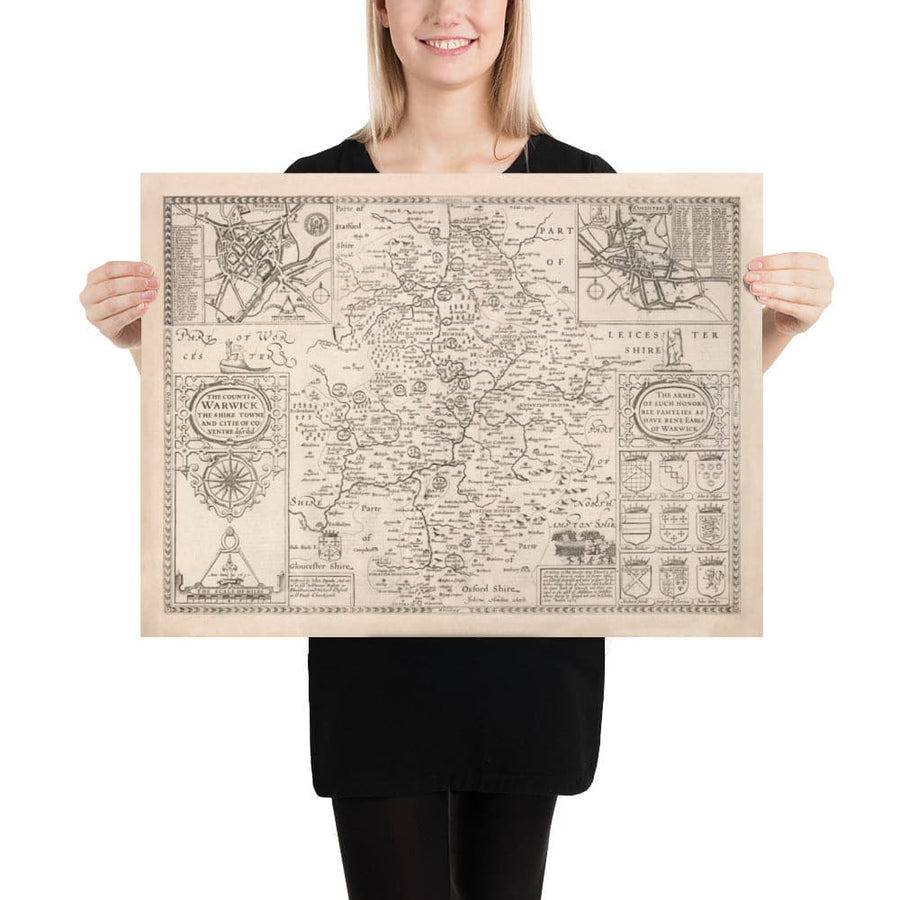 Old Map of Warwickshire in 1611 by John Speed - Birmingham, Coventry, Solihull, Warwick