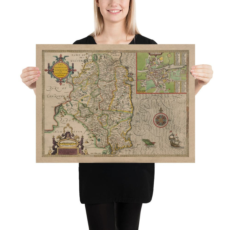 Old Map of Leinster, Ireland in 1611 by John Speed - County Dublin, Kilkenny, Meath