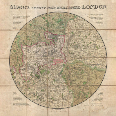 Antiguo mapa de Londres: Las 24 millas de Mogg alrededor de Londres, 1820