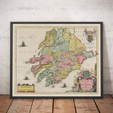 Antica mappa del Munster, Irlanda nel 1665 di Joan Blaeu - Contea di Cork, Clare, Kerry, Limerick, Tipperary, Sud Ovest Eire 