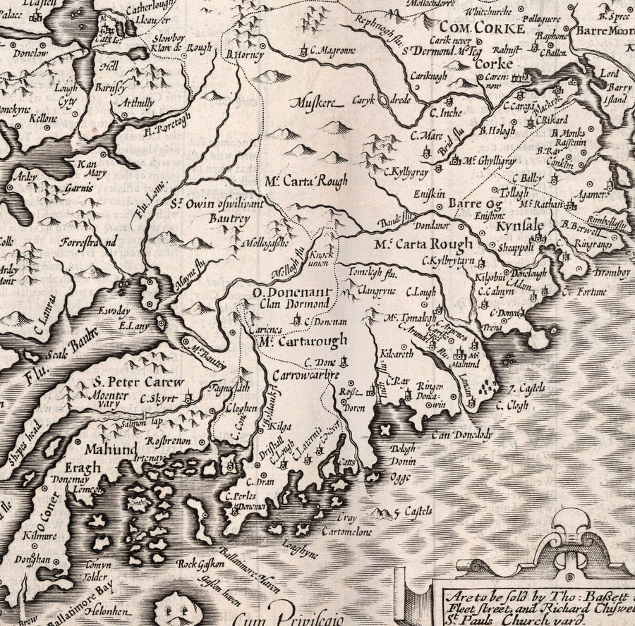 Alte monochrome Karte von Münster, Irland aus dem Jahr 1611 von John Speed - County Cork, Clare, Kerry, Limerick, Tipperary, Waterford, Dingle 