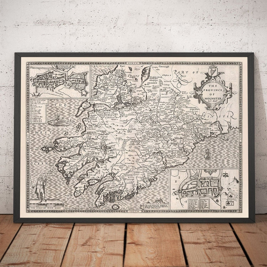 Alte monochrome Karte von Münster, Irland aus dem Jahr 1611 von John Speed - County Cork, Clare, Kerry, Limerick, Tipperary, Waterford, Dingle 