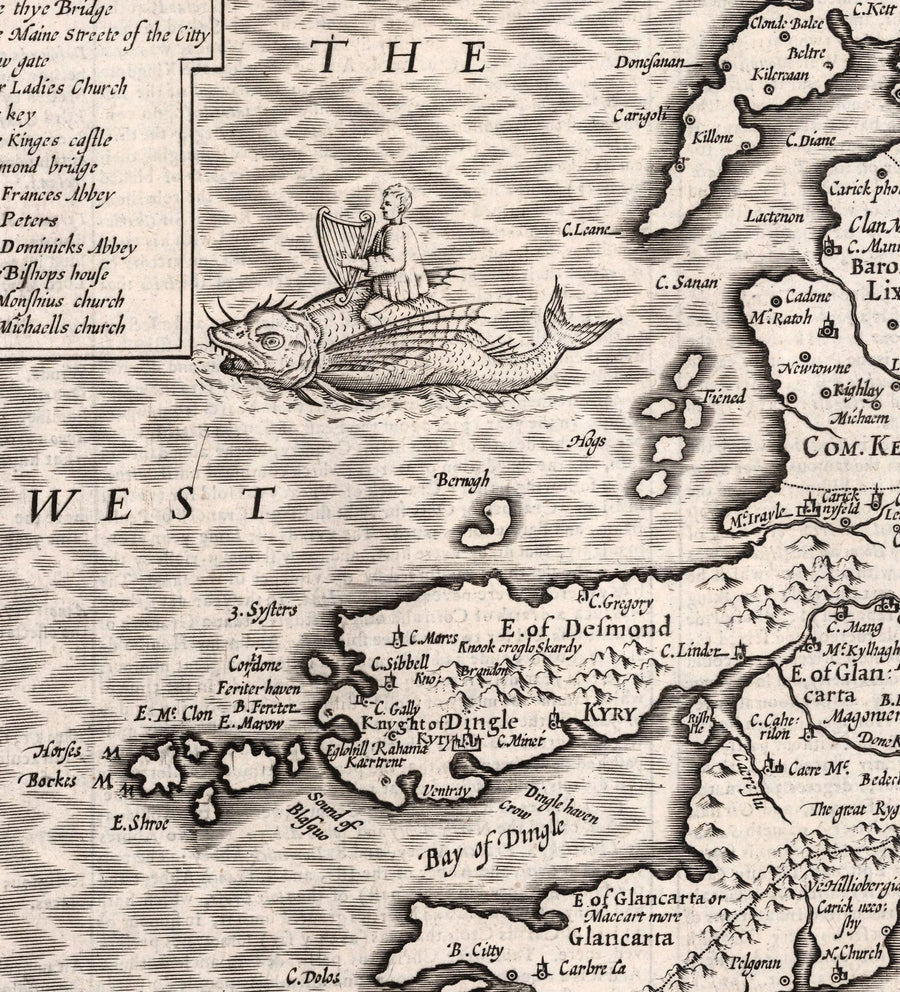 Alte monochrome Karte von Münster, Irland aus dem Jahr 1611 von John Speed - County Cork, Clare, Kerry, Limerick, Tipperary, Waterford, Dingle 