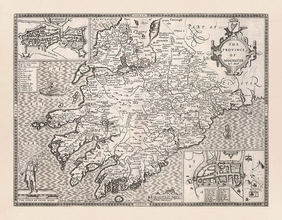 Alte monochrome Karte von Münster, Irland aus dem Jahr 1611 von John Speed - County Cork, Clare, Kerry, Limerick, Tipperary, Waterford, Dingle 