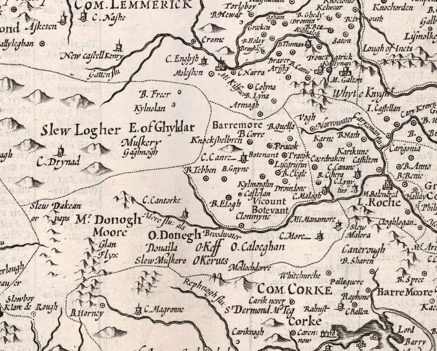 Alte monochrome Karte von Münster, Irland aus dem Jahr 1611 von John Speed - County Cork, Clare, Kerry, Limerick, Tipperary, Waterford, Dingle 