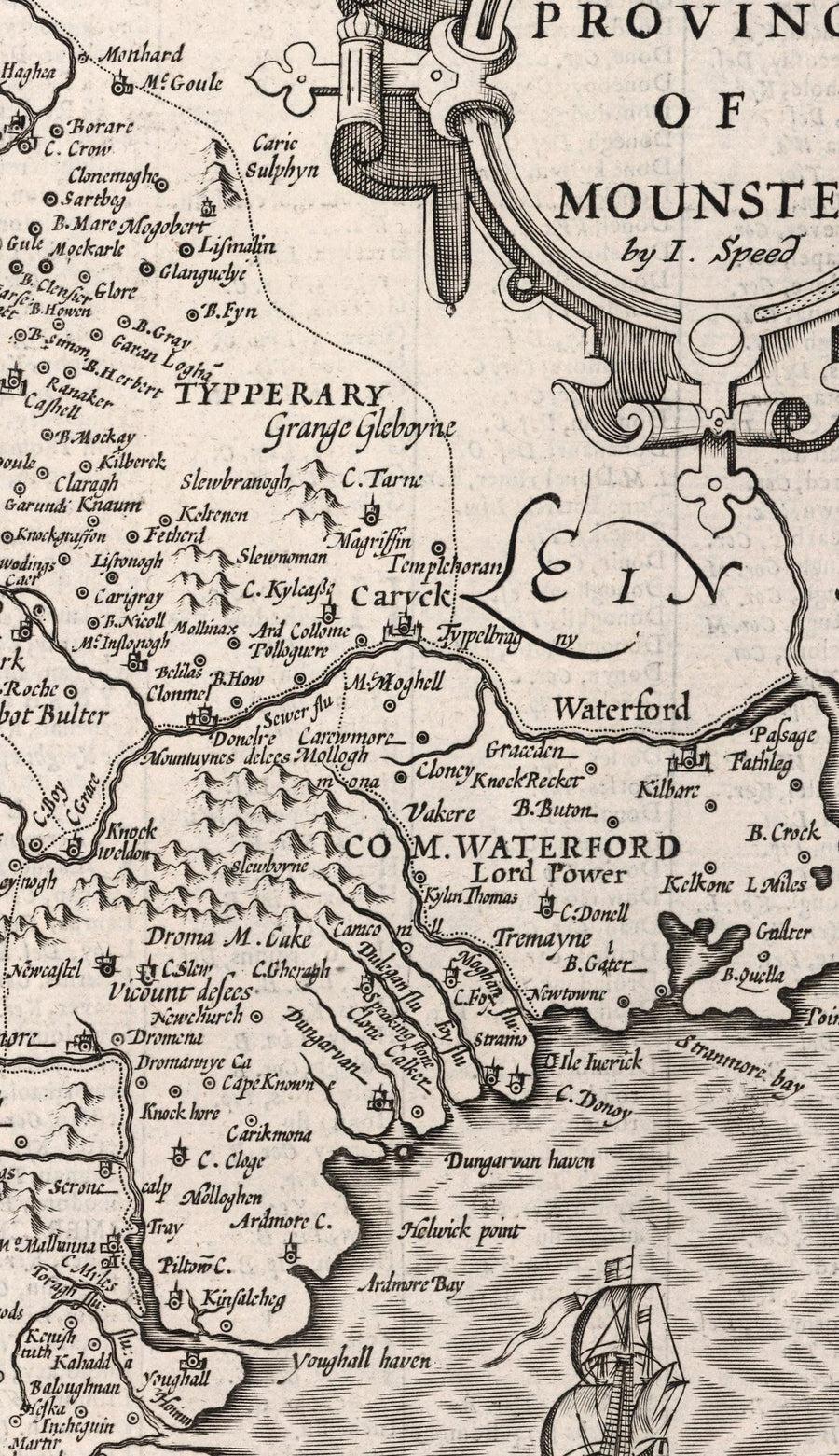 Alte monochrome Karte von Münster, Irland aus dem Jahr 1611 von John Speed - County Cork, Clare, Kerry, Limerick, Tipperary, Waterford, Dingle 