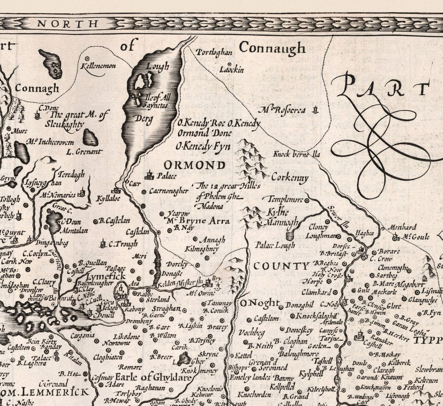Alte monochrome Karte von Münster, Irland aus dem Jahr 1611 von John Speed - County Cork, Clare, Kerry, Limerick, Tipperary, Waterford, Dingle 