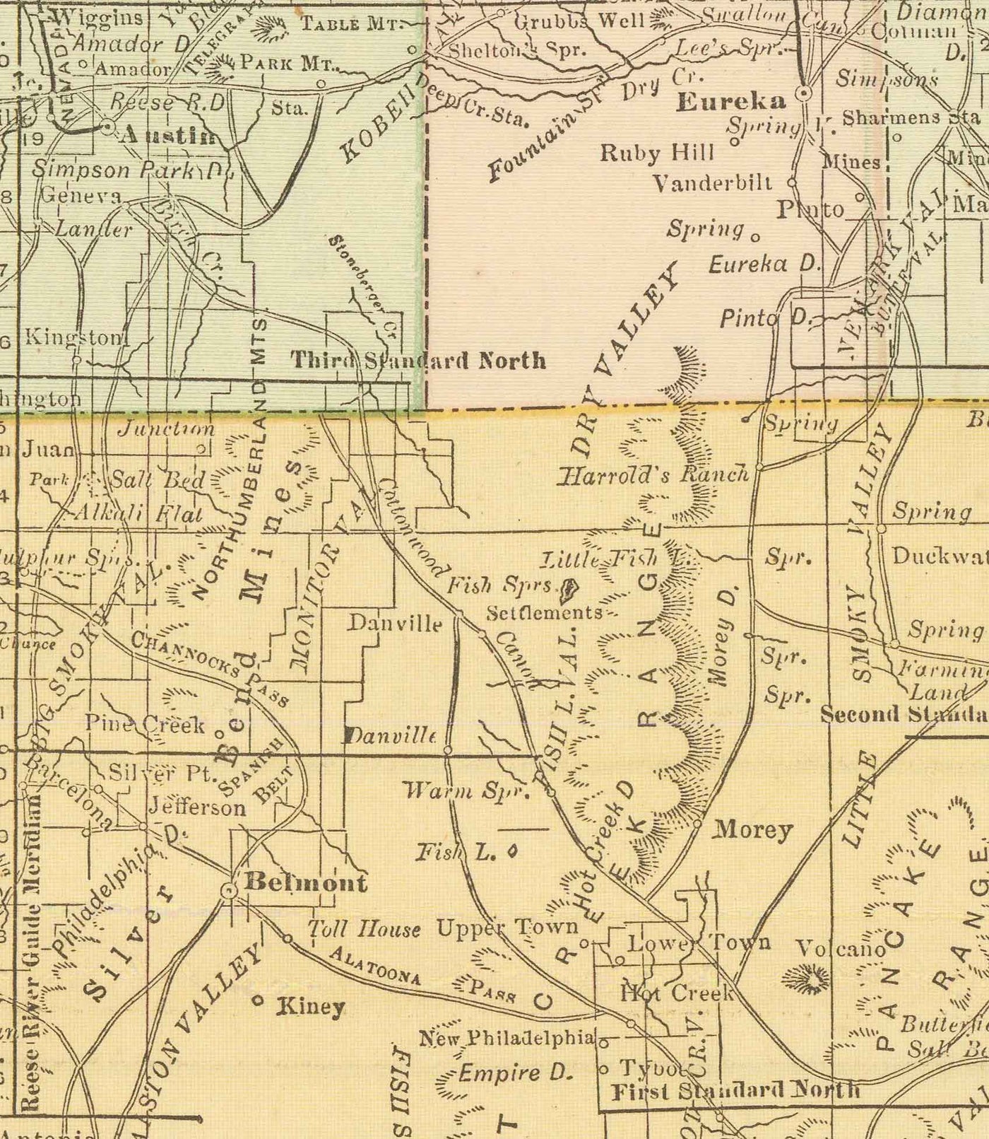 Ancienne carte du Nevada, USA, 1882 par Rand & McNally - Las Vegas, Reno, comtés, Carson City
